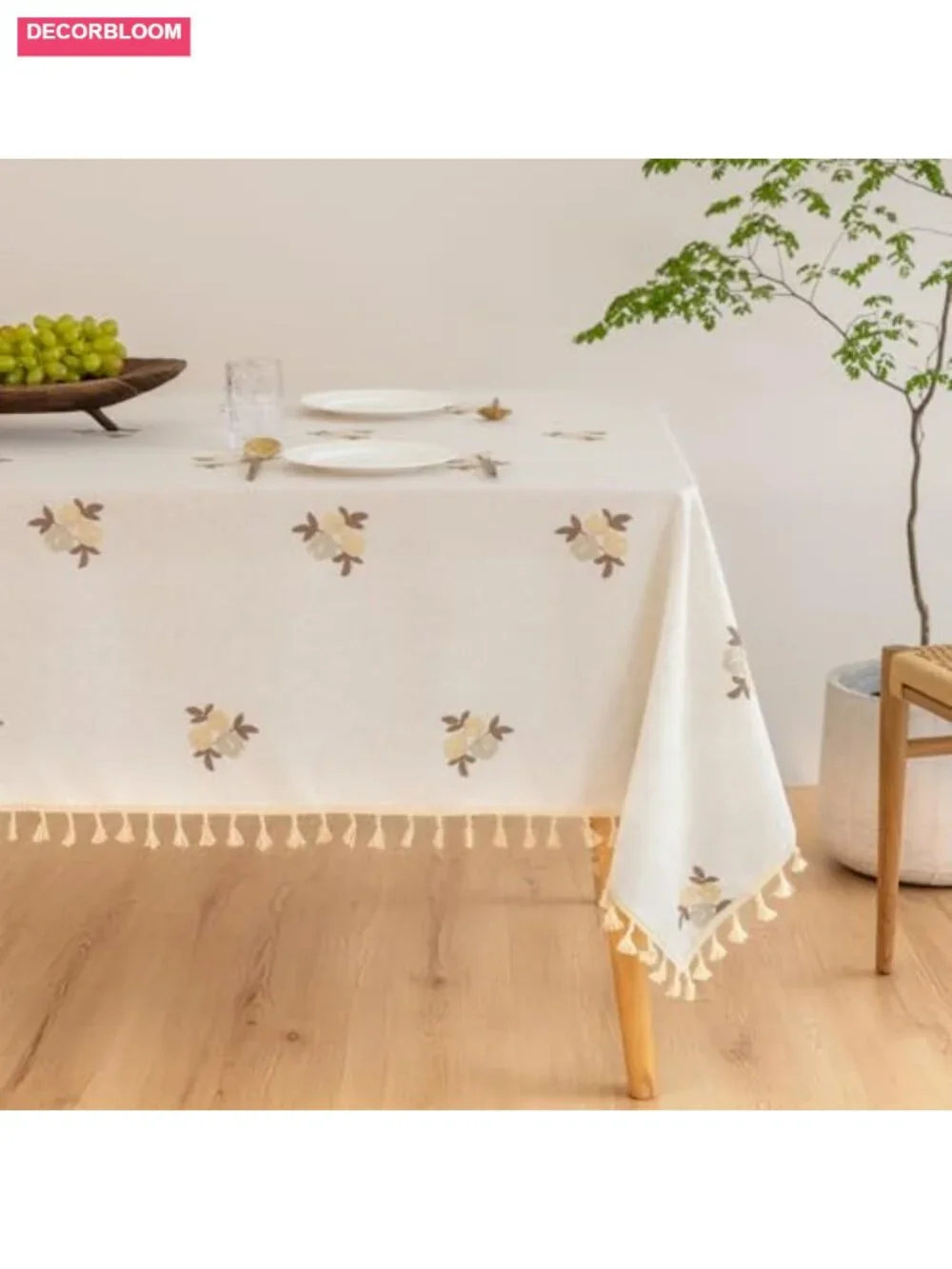 Linen Blend Embroidered Floral Rectangle Tablecloth Tassel 60x84 Farmhouse